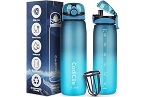 CodiCile Water Bottle 1L Tritan,BPA Free 1 Litre Water Bottle, Dishwasher Safe Sports Water Bottle, Leakproof Drinks Bottle with Time Marking and Filter for Running,Gym, School,Outdoors