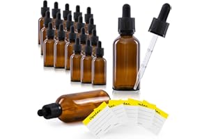 Oputec 20 x 50 ml Frasco de pipeta con pipeta de vidrio + 10 etiquetas de etiquetado - Frascos de farmacia con pipeta para líquidos - Frasco de vidrio ámbar Frascos de llenado Frascos cuentagotas