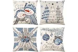 DOOFE Christmas Cushion Covers - Christmas Decorations Pillow Cases 45 x 45cm, Set Of 4 Blue and White Throw Pillow Cover, Snowman Tree Gloves Xmas Cushion Covers For Home Sofa Living Room Decorations