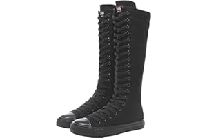 ANUFER Ragazze Donna Al Ginocchio Stivali di Tela Lacci Zip Piatto Scarpe Sportive