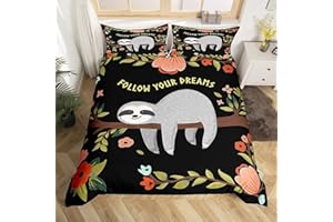 LOUSSIESD Set di biancheria da letto per bambini e ragazzi e ragazze, con stampa di bradipo in stile cartone animato, grazioso motivo animale, motivo floreale, foglie e rami, decorazione per la stanza, 3 pezzi,