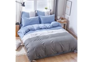 H HANSEL HOME Funda Nordica Cama 135 de 4 Piezas Transpirable Suave al Tacto 100% Microfibra de Poliéster, Funda Edredón 220x220cm, Bajera 135x200cm con 2 Fundas de Almohada 50x75cm-Azul Blanco Gris