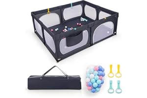 DREAMADE Parc Bébés 189x158CM en Tissu Oxford avec Poche,Centre d'Activités Enfants avec 4 Anneaux de Traction&50 Balles&Porte Zippée,Clôture Tout-Petits 0-36Mois avec Sac de Transport (Gris Foncé)
