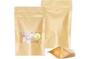 SumDirect Kraftpapiertüten mit Fenster，50 Stück Papiertüten mit Sichtfenster Zum Befüllen Klein, Standbodenbeutel Papiertüten Klein für Nüsse, Kaffeebohnen, Teeblätter(9cm×14cm)