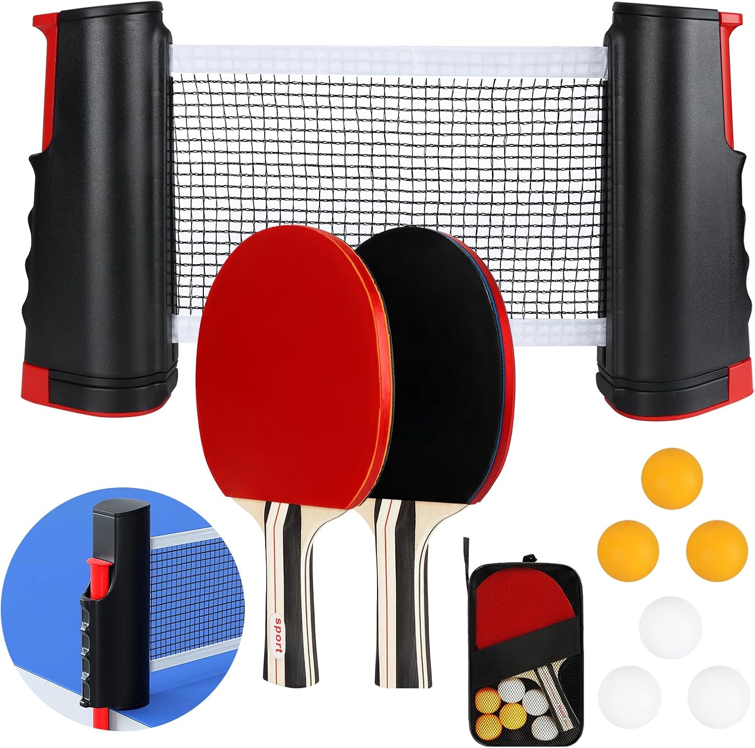 TOSUTO Sets de Ping Pong,2 Raquetas de Ping Pong,6 Pelotas,Red Retráctil y Bolsa de Transporte,Set de Ping Pongs Portátil para Principiantes y Expertos,Ideal para Juegos en Interiores y Exteriores