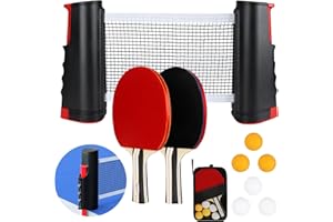 KIMIGO Set de Ping Pong: 2 Raquetas, 6 Pelotas, Red Retráctil y Bolsa de Transporte - Portátil Para Principiantes y Expertos, Ideal Para Juegos en Interiores y Exteriores