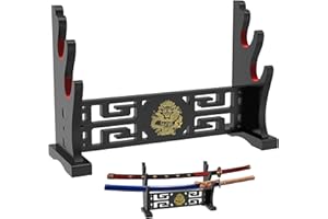 Alyoen Sword Stand, Katana Holder, Wood Katana Stand with Velvet Padded Hook & Dragon Pattern, 2-Tier Samurai Sword Holder Display Rack for Tanto Rapier Light Saber Wakizashi