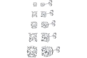 Dochais Pendientes de plata de ley 925 para hombre, 5 pares, pendientes chapados en oro de 14 quilates para mujer, redondos y cuadrados, circonias cúbicas, hipoalergénicos, tachuelas, pendientes
