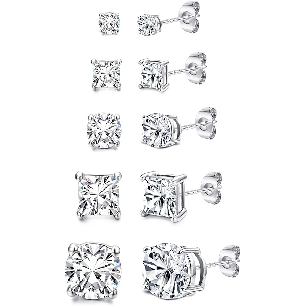 MILACOLATO 5 Paia Orecchini con Zirconi Donna Argento 925 Ipoallergenico Diamanti Zirconi Cubici Quadrati AB Orecchino 18K Oro Donna Uomo 4/5/6/7/8MM