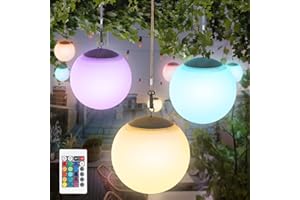 MALUX Solar Hängelampe LED solar hängeleuchte mit Fernbedienung Solarlampen für Außen RGB Dimmbar Kugel-Solar Hängelampen outdoor IP44 Solarleuchte für Hof Terrasse Balkon Camping Garten Pavillon