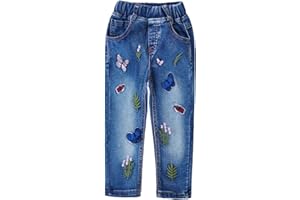 KIDSCOOL SPACE Jeans Ricamati per Bambina Grande, Pantaloni Inferiori in Denim con Vita Elastica per Bambina Grande