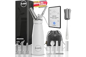 B-ARS Sifone Da Cucina Professionale 500ML In Alluminio BIANCO Con Bocchette Acciaio E Plastica Pulizia Facile Accessori Inclusi Per Spume Panna Montata Dolci E Salate Mousse Decorazioni
