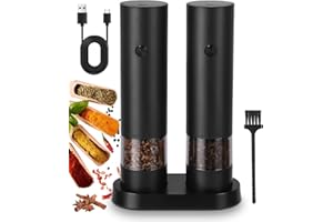 Cexovo Zestaw 2 młynków do soli i pieprzu, automatyczny młynek do pieprzu, regulowany młynek do przypraw, ze szczotką do czyszczenia, podstawą, do grilla
