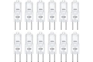 CALDARAX 12 Stück G6.35 50W 12V Halogen Glühlampe Dimmbar, GY6.35 Bi-pin Leuchtmittel, 650lm, Warmweiß 2700K, AC/DC 12V, Klar Kapsel Lampe, Halogen Stiftsockellampe für Kronleuchter, Landschaftsbeleuchtung