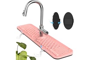 AhhaLife Protector contra salpicaduras de silicona con cepillo limpio, alfombrilla larga y gruesa para fregadero, bandeja de goteo con mango de grifo de silicona grande para cocina,Rosa durazno