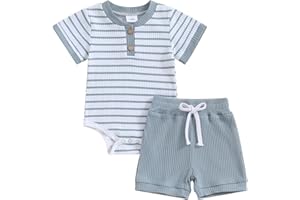 Carolilly Ensemble Bébé Garçon Eté de 2 Pièces, Body à Rayure Manches Courtes + Shorts Taille Elastique (0-18 mois)
