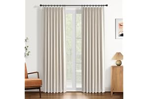DEFYNEE 100% Blackout Curtains Pencil Pleat 40 x 90 Inch Soft Thermal Linen Curtains for Bedroom & Living Room, 2 Panels,Cream