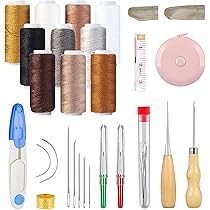 Kit Cucito Pelle - 3 Rotoli Filo Di Cera, 7 Aghi, 2 Ditali Per Riparare Scarpe E Accessori (Nero/Marrone/Kaki) - Foto 6