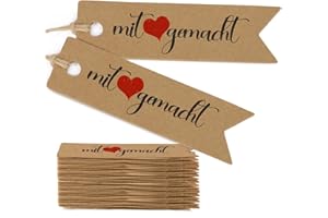ZABARE 50 Geschenkanhänger Kraftpapier Anhänger Etiketten - Mit Liebe Gemacht,Handmade with Love Anhänger Etiketten Tags für Hochzeit Weihnachten Geschenk Verpackung Anhängeschilder