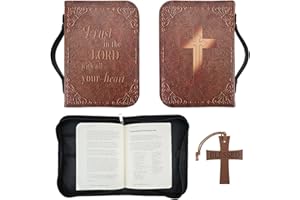 IBEQUEM Classic Bible Case, Brown PU Leather Vintage Bible Carrying Case with Durable Zipper and Handle, Large Size Bible Cover with Cross Bookmark for Home Church Gift