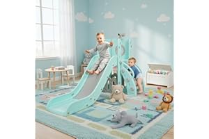 MAMIZO Toboggan Bebe, Toboggans Exterieur/Interieur Enfant, 4 en 1 Toboggan Autoportant, avec Télescope, Espace de Rangement, Escaliers, Glisse 136cm,Jusqu'à 60 kg, Vert Gris, Module 2PCS