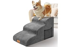 Scaletta per Cani 3 Gradini, Masthome Scala per Cani in Spugna, Rampa Cane per Letto/Divano, Scale per Cuccioli, Gatti e Animali Anziani/Feriti, con Copertura Rimovibile e Lavabile (Grigio)