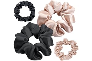 JOIYHY 4 Chouchous Cheveux en Satin, Chouchou Satin Cheveux Bouclés, Élastiques Sans Traces pour Femme ou Filles Accessoires Cheveux (Noir,Champagne)
