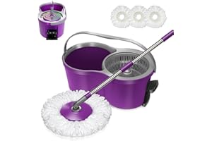 Masthome Seau Essoreur à Pédale et Balai à Franges en Microfibre, Serpillière Magique et Essoreur 360° avec 3 Têtes Serpillère, Balai avec Poignée en Acier Inoxydable à 4 Sections,Violet
