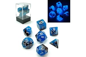BESCON DICE Bescon dwukolorowe świecące w ciemności wielościanowe kości zestaw niebieskich świtów, świecące kości RPG, d4, d6, d8, d10, d12, d20 d%, w pudełku z cegłą (niebieski świt)
