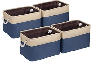 Univivi Fabric Storage Bins for Shelves, Navy Blue Rectangular Foldable Storage Basket with Top Steel Ring, Cotton Linen Storage Basket, 38 * 26 * 24cm