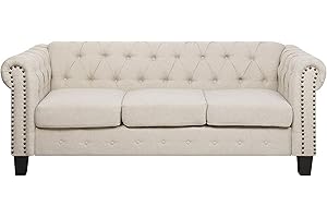 BELIANI Sofá Chesterfield tapizado en tela beige patas de madera oscura 3 plazas estilo clásico Chesterfield