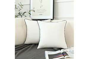 LIGICKY Set of 2 White Velvet Throw Pillow Covers Modern Minimalist Style Solid Decorative Black Rope Edging Soft Square Cushion Cases for Sofa Bedroom Party Décor, 18 x 18 inch