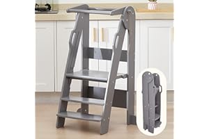 FUNLIO Lernturm Klappbar für Kinder, 3-Stufig Höhenverstellbarer Learning Tower für Kleinkind von 2–6 Jahren, Kinder Lernturm Montessori mit Sicherheitsgeländer, Einfach zu Montieren - Grau