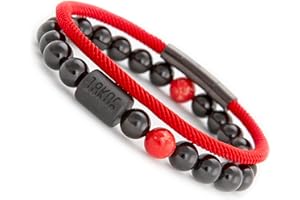 18KOra Pulseras hombre | Piedras Naturales 8mm | Set 2 piezas (ónix elástica + cuerda náutica) | Regalo elegante Día del Padre y eventos especiales, versátil, resistentes al agua y duradero