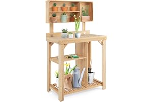 TANGZON Garden Potting Table, Wooden Potting Bench with Top Compartments, Middle & Bottom Shelves, Outdoor Workbench Planting Workstation for Patio Balcony Yard, 80 x 42 x 136cm