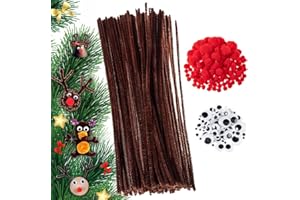 350 Pezzi Scovolini Pipa Ciniglia Steli Set, FUKPO Includere 100 Pipe Cleaners Steli di Ciniglia, 100 Occhi Adesivi Occhietti Mobili, 150 Pompon Rosso per Natale Lavoretti Decorativi Bambini DIY