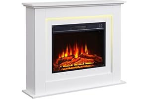 BALDERIA Chimenea eléctrica de pie Finn | Efecto de Llama 3D | Calentador, Calefacción 2000 W | Mando a Distancia, Control de Arranque adaptativo, Temporizador, Termostato | Blanco