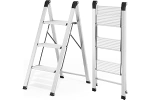 KINGRACK Stegstege 3 steg, vikbar, stegpall av aluminium och stål | Hopfällbar stege med breda halkfria pedaler, säkerhetslås, upp till 150 kg, för hushåll, kök, garage, husbil