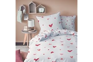 MATT & ROSE Parure de lit Enfant Fille 140x200 cm Heart | 100% Coton | Oeko-TEX | Housse de Couette Enfant 140x200 cm + 1 Taie d'oreiller 65x65 cm Imprimées Réversibles Blanc, Rose
