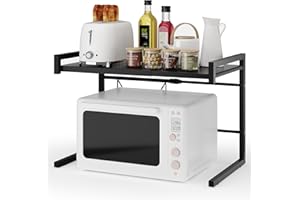 BTGGG Expandable Microwave Shelf Stand 2 Tier Metal Microwave Oven Rack Microwave Stand Baker's Rack Kitchen Counter Storage Organiser Space Saver Shelf with 4 Hooks, 44lbs/20kg Load Bearing