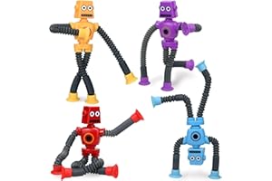 COLEGRY Pop Tubes Robot Fidget Toys (4 Pack), Telescopic Suction Cup Robotics Toy, Toddler Fine Motor Skills & Creative Learning, Autism Sensory Toys for Kids Age 3-6, Party Favors Boy Girl Gifts