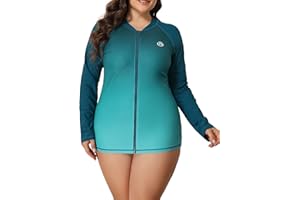 ATTRACO Womens Rash Vest Plus Size Long Sleeve Swim Top Zipper Long Sleeve Rash Guard UPF50+ Swimsuit