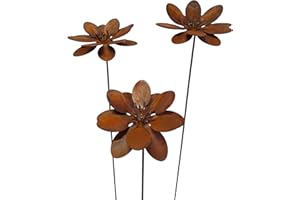 Bornhöft Lot de 3 brochettes de jardin en métal - Motif fleur - Décoration de jardin rouillée - Pour pot - Rouille naturelle - 3 fleurs F ATA