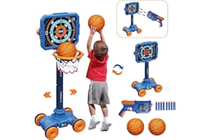 KalaDuck 2 In 1 Kids Basketball Hoop and Shooting Games, Adjustable Height Toddler Basketball Hoop and Stand Toys, Auto Moving Shooting Targets with Toy Gun, Indoor Outdoor Sport Games