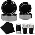 Nkaiso Birthday Party Tableware 96 Pieces Black Party Paper Plates Set Disposable Paper Cups Napkins for BBQ Parties Picnics -24 Guests