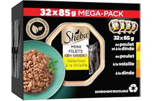 Sheba Mini Filets en Sauce Sélection à la Volaille barquettes pour Chat Adulte 4 variétés Mega Pack 32x85g
