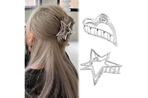 Kinretixia® 2 Stück Metall-Haarklammern Y2K, Stern-Herz-Haarklammern für Frauen, großes, silberner Clip, Krallen, rutschfestes Design für dickes und dünnes Haar