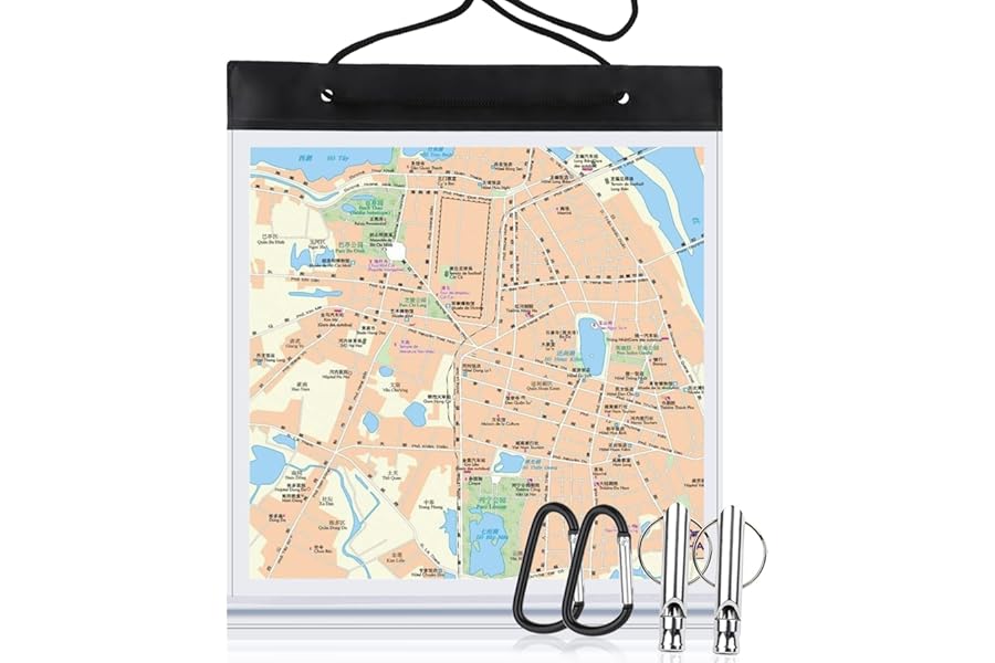 SANNIX Waterproof Map Case Transparent Map Cover with Clear Window and Neck Strap PVC Camping Map Case for Hiking (31x28cm) with Carabiner and Whistle