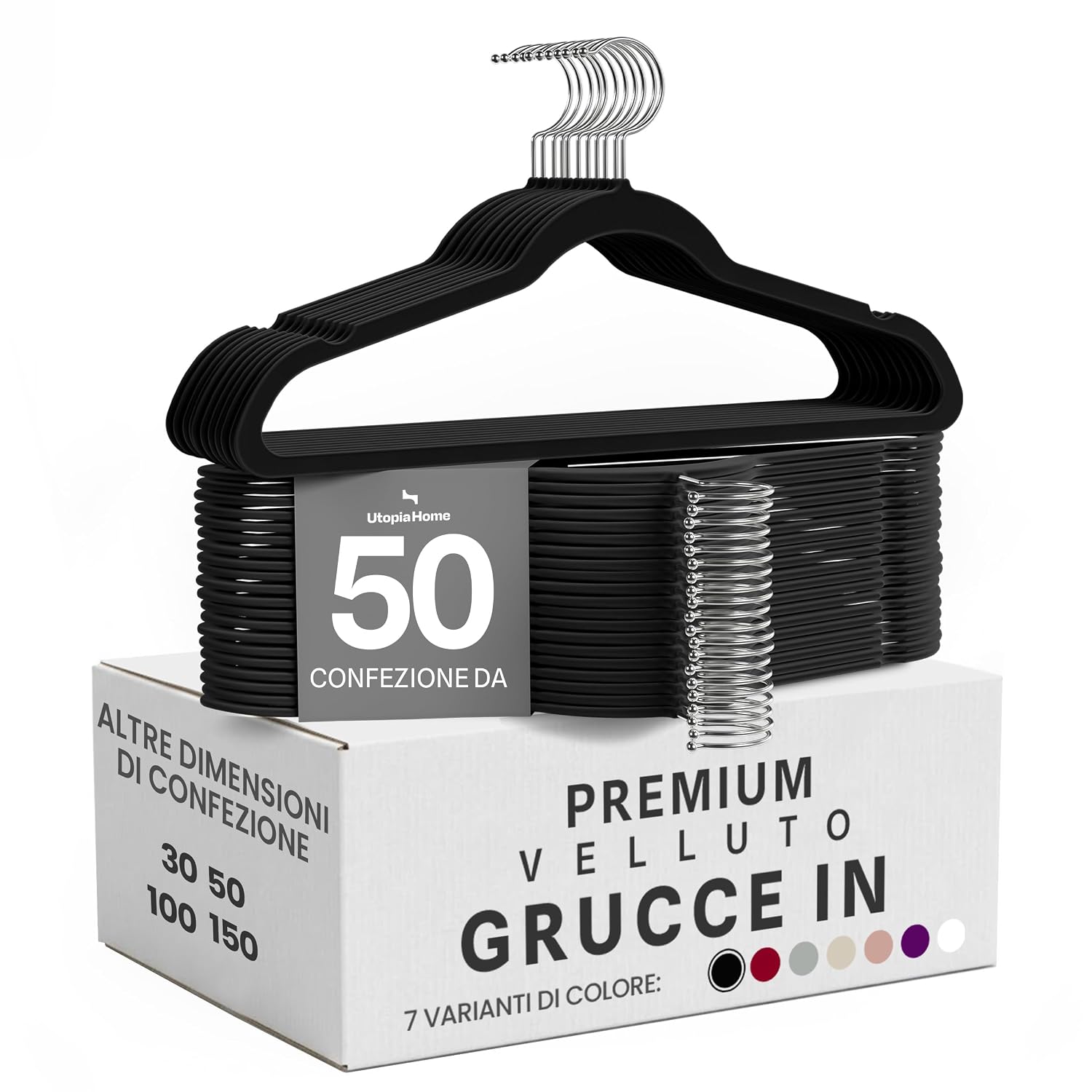 Utopia Home Premium Grucce Velluto (Nero, Confezione da 50) | Appendiabiti antiscivolo | Design elegante | Resistenti | Adatti per abbigliamento da adulto, cappotti e completi