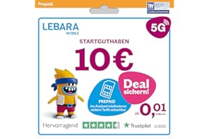 Lebara Prepaid SIM-Karte mit 10€ Startguthaben ohne Vertrag | ab 1 Cent pro Min. ins Ausland telefonieren | Jetzt mit 5G surfen